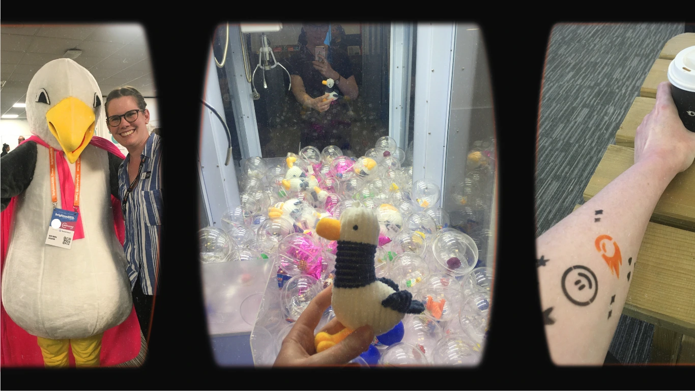 Philippine SIKORA, SEO translator at brightonSEO with a mascotte, tattoos, playing games.