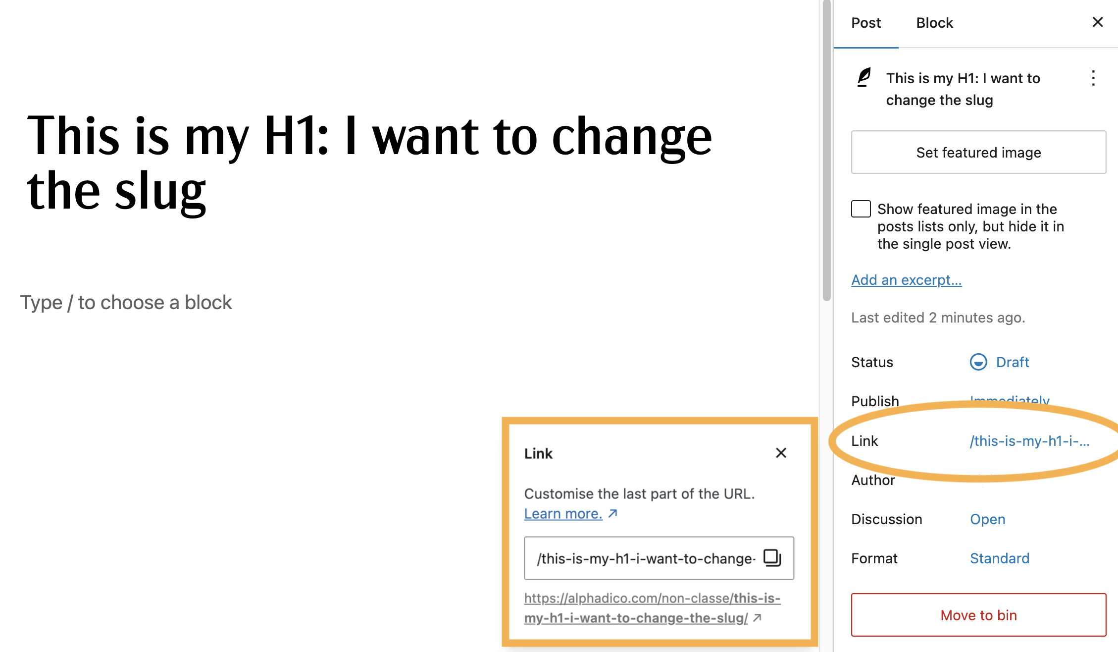 how-to-change-url-slug-wordpress Where to change link slug in WordPress.