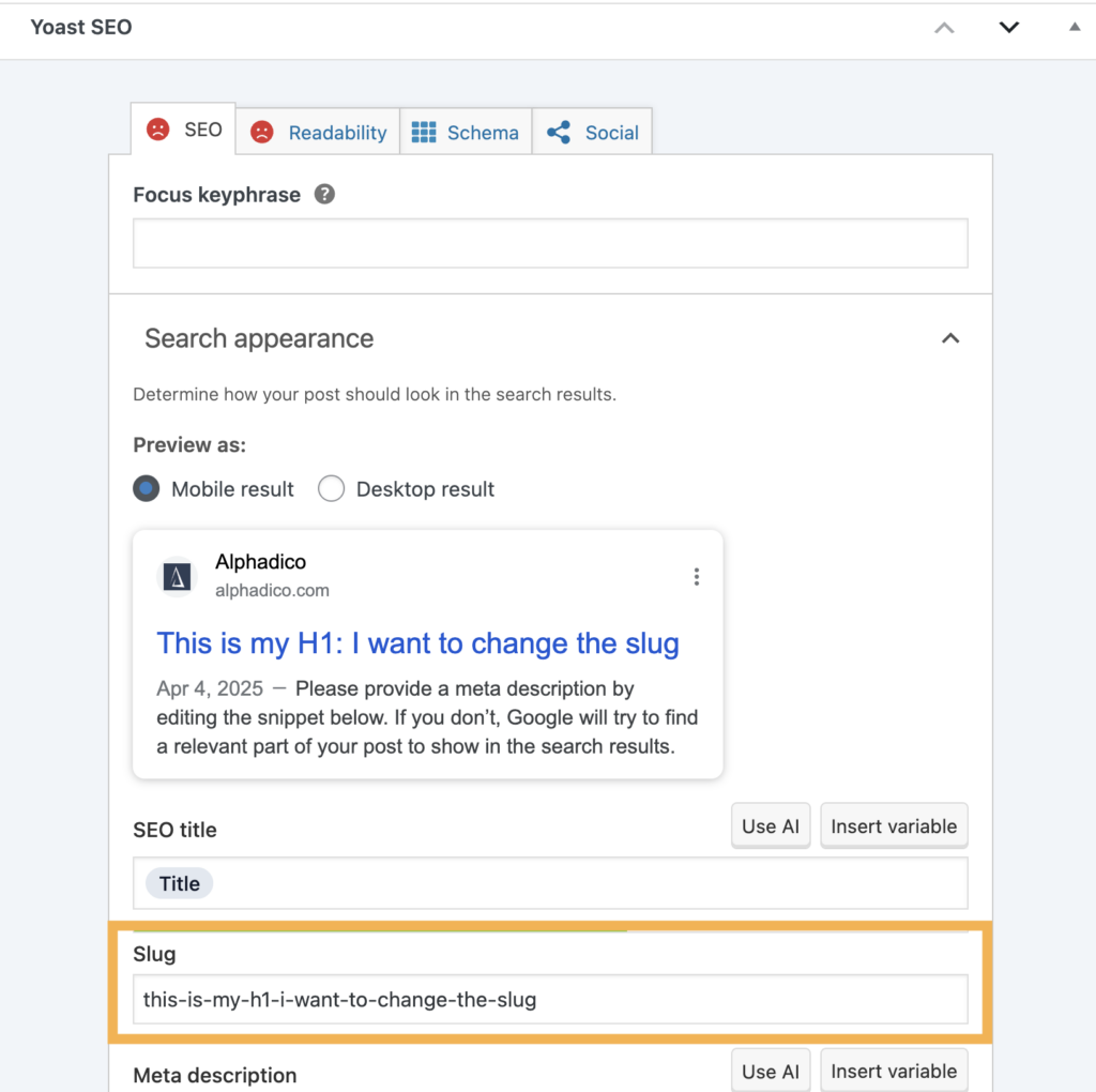 how-to-change-url-slug-yoast Where to change slug in Yoast.