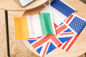 Irish flag, French flag, American flag, UK flag.